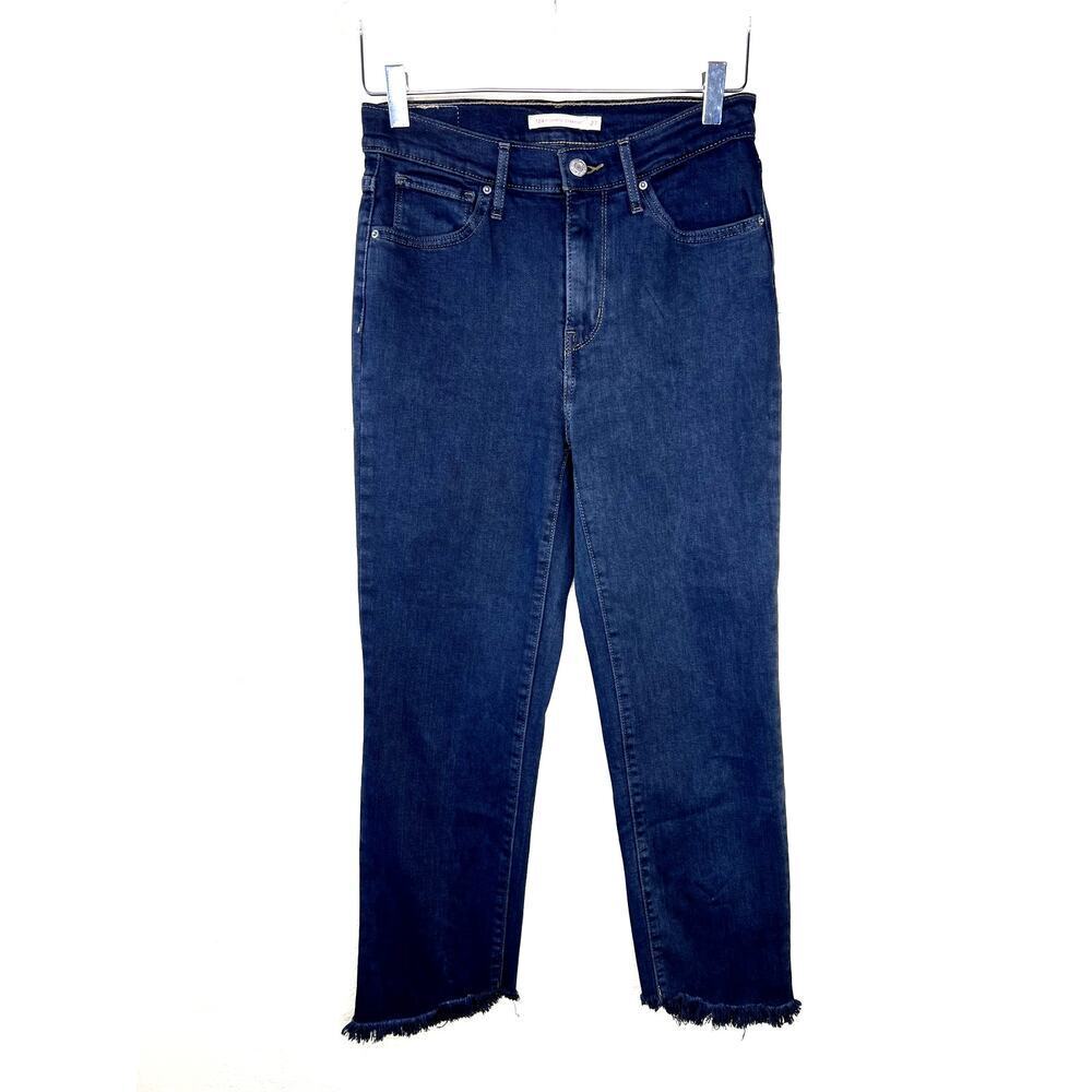 Levi's 724 High Rise Straight Denim Jeans Cropped Raw Hem 27 Dark Wash